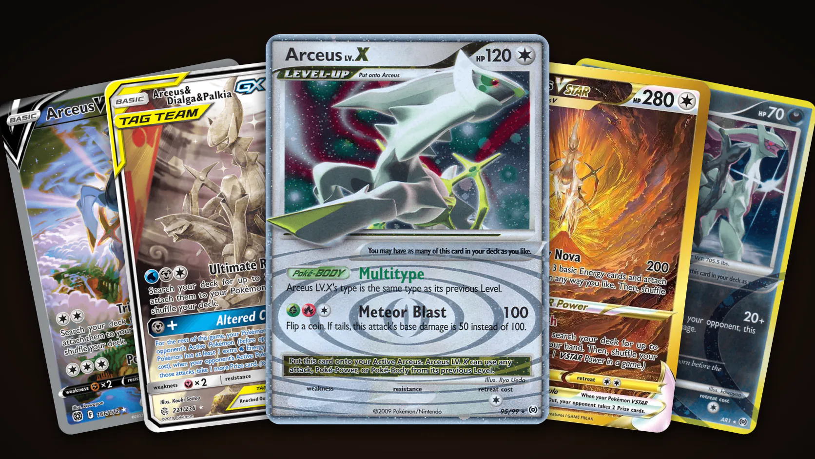 Five Arceus Pokémon cards fanned out: the 2009 Arceus LV.X in the centre, with the alternate-art Arceus V and Arceus & Dialga & Palkia GX, the gold Crown Zenith Arceus VSTAR and AR1